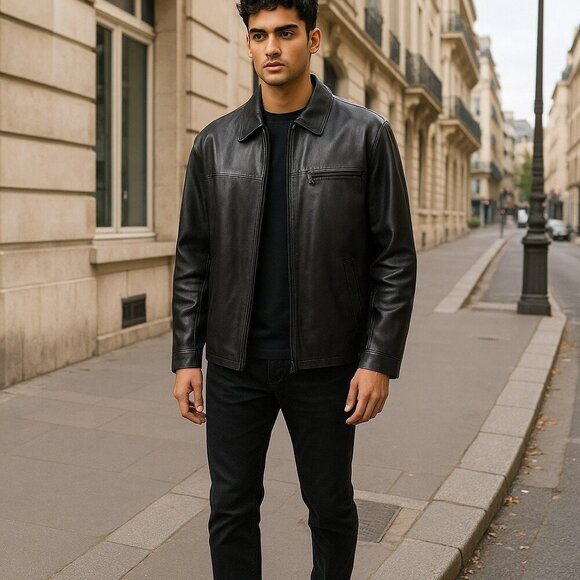 Fengzhongxu Mens XL?? Black Faux Leather Full Zip Pockets PVC Jacket Coat - Picture 1 of 15